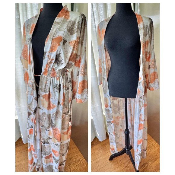 Vintage 80s robe, kaki green, tan, orange abstract floral print, cinched waist - Picture 8 of 10